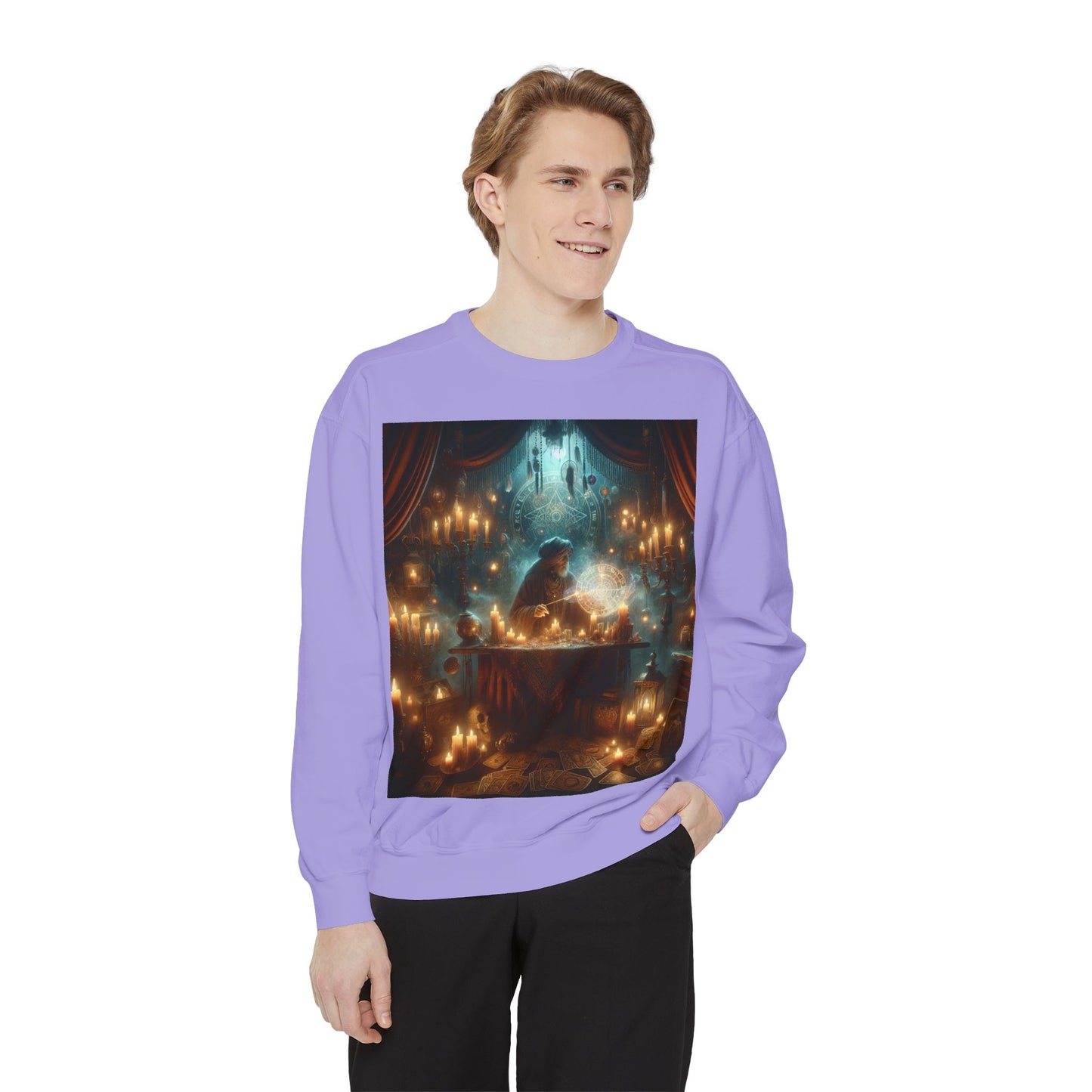 Mystic Candlelight Unisex Garment-Dyed Sweatshirt with Tarot Design