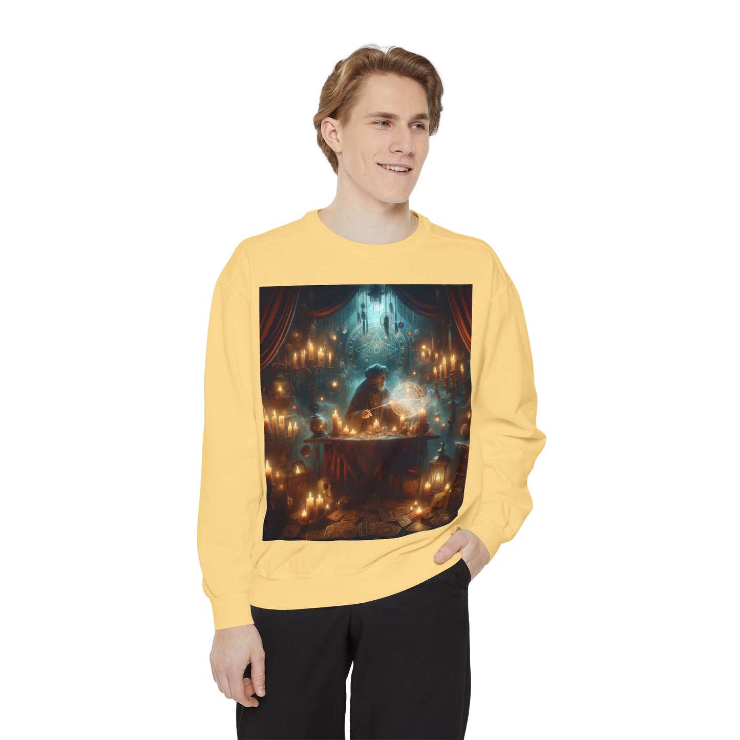 Mystic Candlelight Unisex Garment-Dyed Sweatshirt with Tarot Design