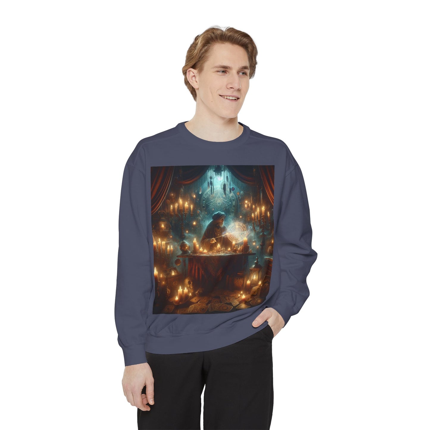 Mystic Candlelight Unisex Garment-Dyed Sweatshirt with Tarot Design