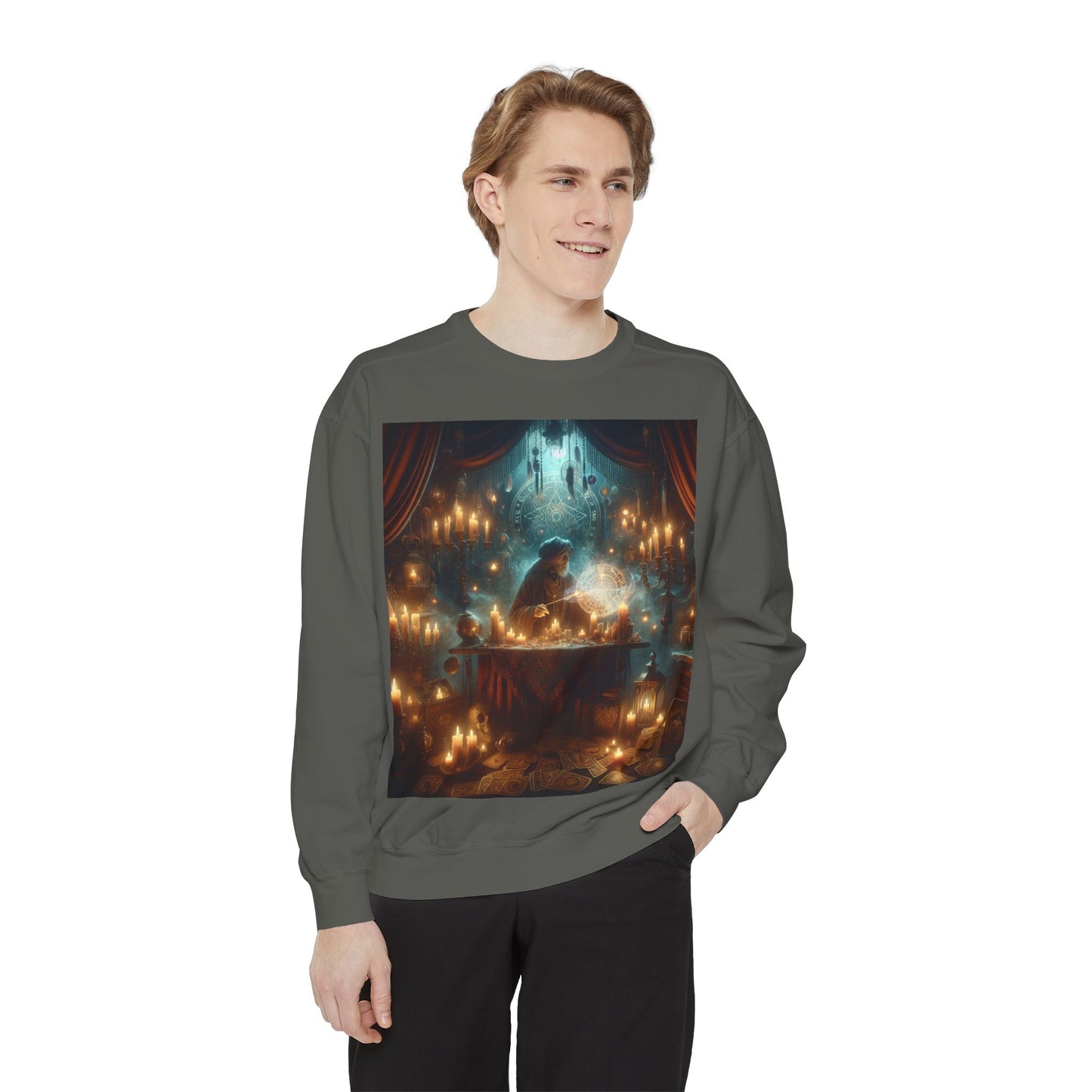 Mystic Candlelight Unisex Garment-Dyed Sweatshirt with Tarot Design