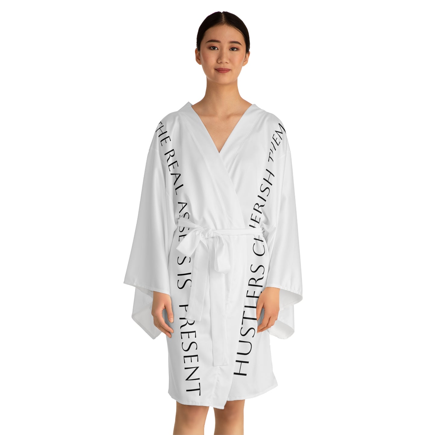 White HLE Long Sleeve Kimono Robe - Hustlers Cherish Them - Respect the Hustle - Perfect for Relaxation and Self-Care