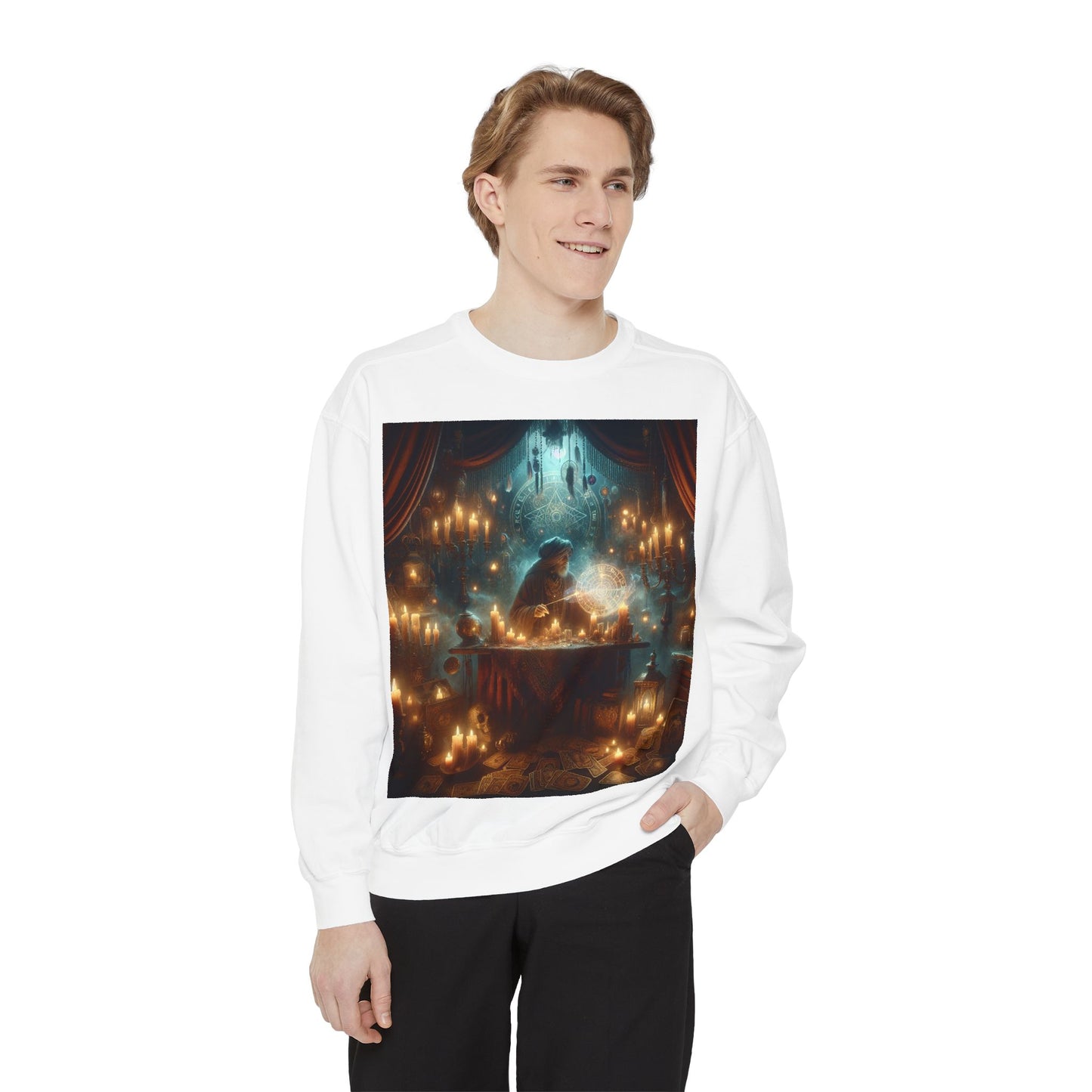Mystic Candlelight Unisex Garment-Dyed Sweatshirt with Tarot Design