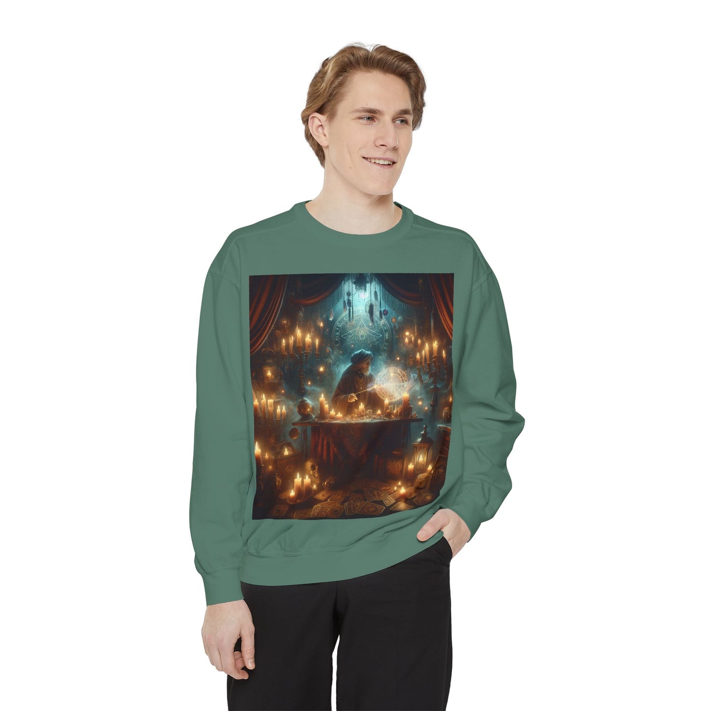 Mystic Candlelight Unisex Garment-Dyed Sweatshirt with Tarot Design