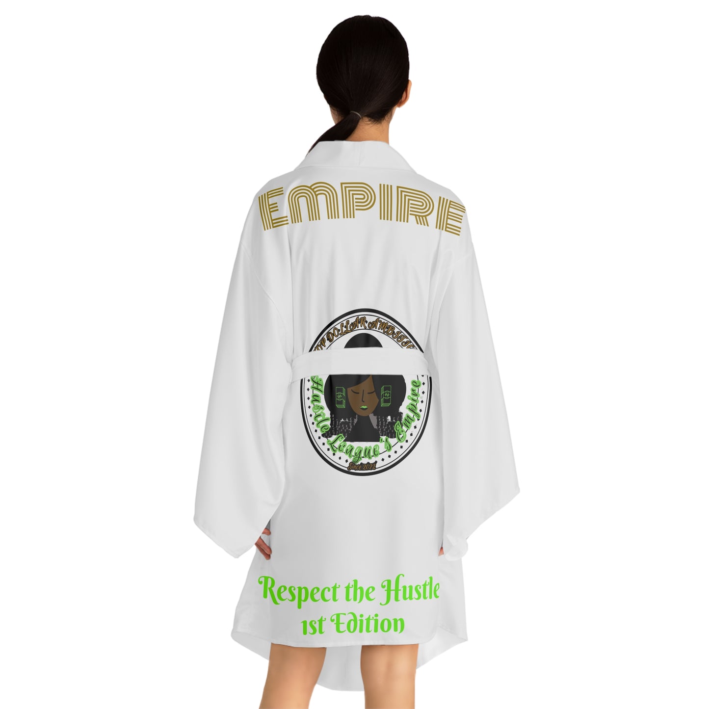 White HLE Long Sleeve Kimono Robe - Hustlers Cherish Them - Respect the Hustle - Perfect for Relaxation and Self-Care