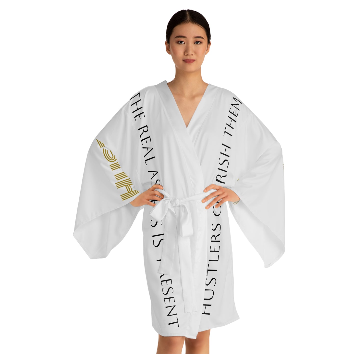 White HLE Long Sleeve Kimono Robe - Hustlers Cherish Them - Respect the Hustle - Perfect for Relaxation and Self-Care