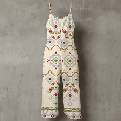 Mono de pierna ancha con tirantes finos y estampado floral para mujer