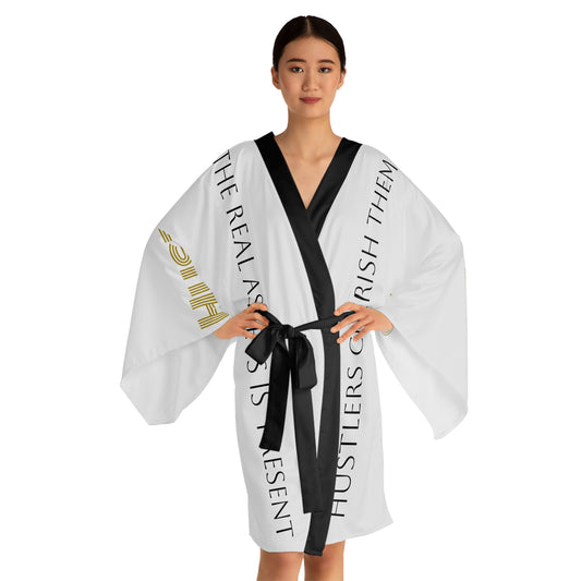 White HLE Long Sleeve Kimono Robe - Hustlers Cherish Them - Respect the Hustle - Perfect for Relaxation and Self-Care