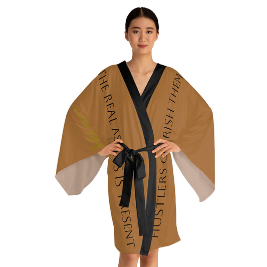 Brown HLE Long Sleeve Kimono Robe - Hustlers Cherish Them - Respect the Hustle - Perfect for Relaxation and Self-Care